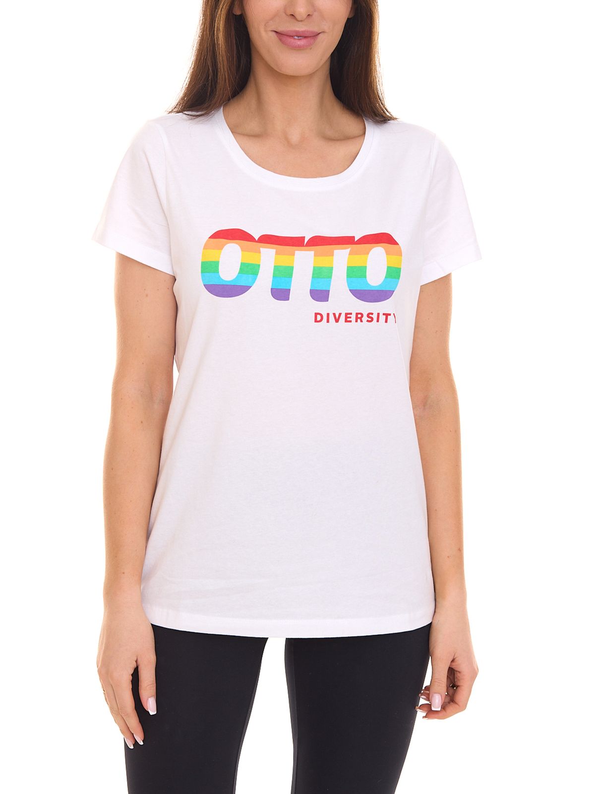 OTTO products T-Shirt Damen Baumwoll-Shirt Diversity mit Regenbogendruck Basic-Shirt 24991656 Weiß von OTTO