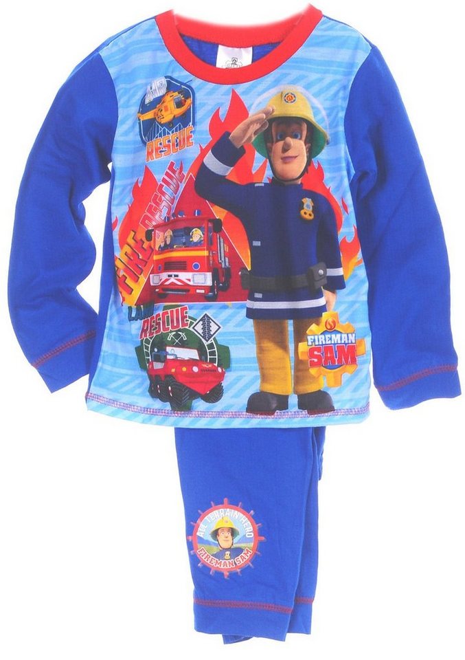 Pyjama Pyjama Schlafanzug für Kinder Hose Langarmsihrt in Blau weich, lang, 80 86 92 98 104 110 116 mit Feuerwehmann von OTTO