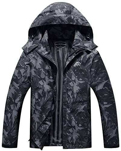 OTU Herren Leichte wasserdichte Regenjacke mit Kapuze Outdoor Regenmantel Shell Jacke für Wandern Reisen, Dunkelgrau-Camouflage, XXL von OTU