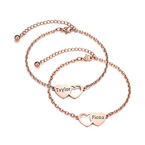 OTXIXTO Personalisierte 2/3/4 Stück Set von Edelstahl Herz Form Halskette/Armband Individuell Gravierte Namen Geschenk für Mutter Tochter Schwester Beste Freundin (2 Stück, Roségold Armband) von OTXIXTO