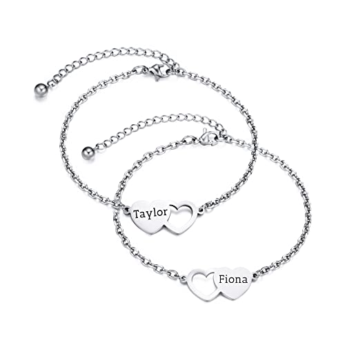 OTXIXTO Personalisierte 2/3/4 Stück Set von Edelstahl Herz Form Halskette/Armband Individuell Gravierte Namen Geschenk für Mutter Tochter Schwester Beste Freundin (2 Stück, Silber Armband) von OTXIXTO