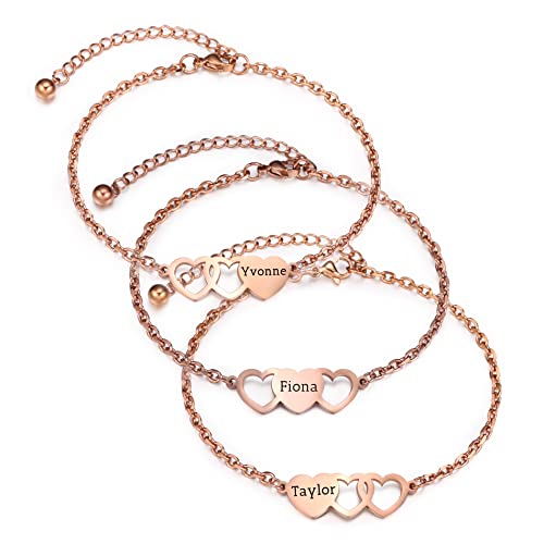 OTXIXTO Personalisierte 2/3/4 Stück Set von Edelstahl Herz Form Halskette/Armband Individuell Gravierte Namen Geschenk für Mutter Tochter Schwester Beste Freundin (3 Stück, Roségold Armband) von OTXIXTO