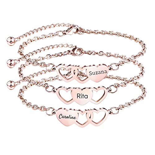 OTXIXTO 3PCS Personalisierte Herzform Armbänder Set Personalisierte 1~3 Namen für Frauen Freundschaft BFF Armbänder für 3 Schwestern(Roségold 3PCS) von OTXIXTO