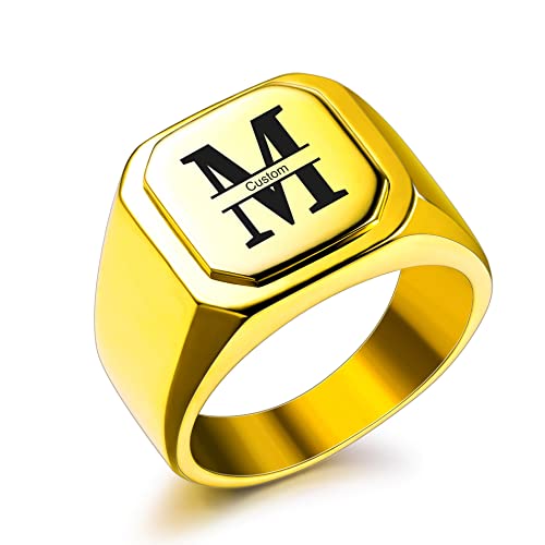 OTXIXTO Anfangsring Buchstabe Siegelring für Männer Frauen Personalisierter Name Gravierter Edelstahl Modeschmuck Hochzeit Paare Vatertagsgeschenk mit Ringgröße Einsteller (Gold, Größe 60) von OTXIXTO