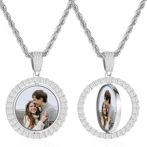 OTXIXTO Benutzerdefinierte Bildkette Goldene Engelsflügel/Herz/Runde Drehbare Anhänger Kette Seilkette Personalisierte Doppelseitige Fotos Geschenk für Männer Frauen (F1, 26'') von OTXIXTO