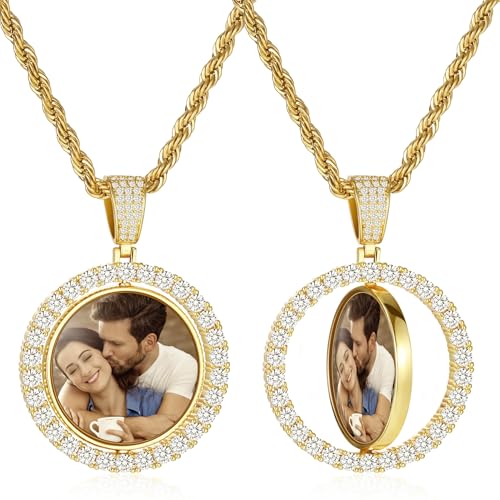 OTXIXTO Benutzerdefinierte Bildkette Goldene Engelsflügel/Herz/Runde Drehbare Anhänger Kette Seilkette Personalisierte Doppelseitige Fotos Geschenk für Männer Frauen (F2, 30'') von OTXIXTO