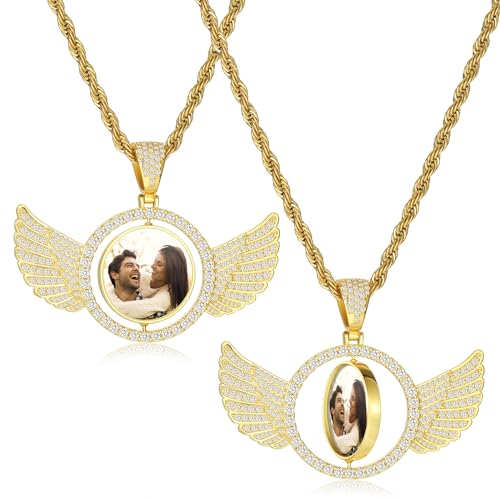OTXIXTO Benutzerdefinierte Bildkette Goldene Engelsflügel/Herz/Runde Drehbare Anhänger Kette Seilkette Personalisierte Doppelseitige Fotos Geschenk für Männer Frauen (H2, 26'') von OTXIXTO