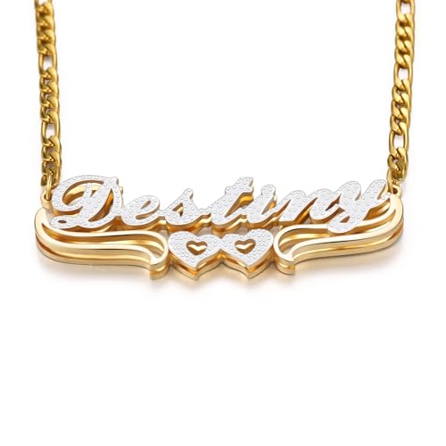 OTXIXTO Doppeltem Namensschild Halskette Personalisierte 18K Gold Plattiert Doppelt Geschichtete Schmuck Name mit Herz Krone Schmuck Geschenk für Frauen/Mutter/Freundin/Ehefrau (Stil A1: Silber) von OTXIXTO