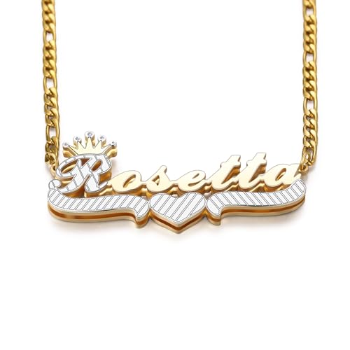 OTXIXTO Doppeltem Namensschild Halskette Personalisierte 18K Gold Plattiert Doppelt Geschichtete Schmuck Name mit Herz Krone Schmuck Geschenk für Frauen/Mutter/Freundin/Ehefrau (Stil C: Gold & Silber) von OTXIXTO