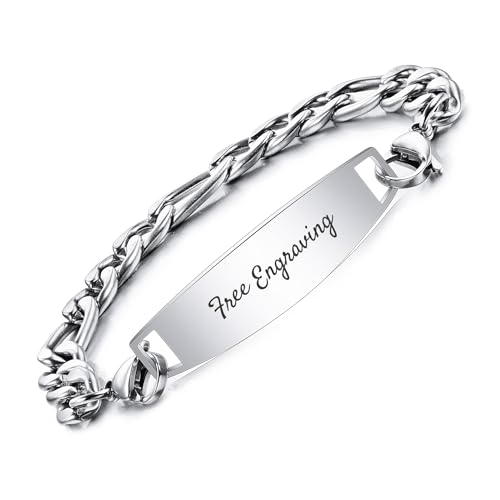 OTXIXTO Individuelle ID-Armbänder für Männer/Frauen Edelstahl-Gliederarmband mit Gravur Name/Datum/Text Personalisierte Gravierte Silber Namensschild-Armbänder mit 19.0cm Silber Figarokette von OTXIXTO