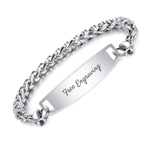 OTXIXTO Individuelle ID-Armbänder für Männer/Frauen Edelstahl-Gliederarmband mit Gravur Name/Datum/Text Personalisierte Gravierte Silber Namensschild-Armbänder mit 19.0cm Silber Weizenkette von OTXIXTO