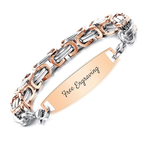 OTXIXTO Individuelle ID-Armbänder für Männer/Frauen Edelstahl Gliederarmband mit Gravur Name/Datum/Text Personalisierte Roségold Namensschild Armbänder mit 18.3cm Silber & Roségold Byzantine Kette von OTXIXTO