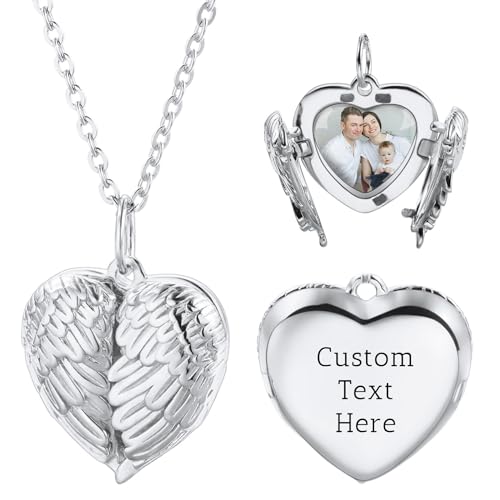 OTXIXTO Personalisiert Herz Medaillon Halskette mit Bild Innen Individuell Foto/Text Herz Medaillon Anhänger Halskette mit Engelsflügel 925 Silber Herz Medaillon Charm Halsketten für Damen (B: Silber) von OTXIXTO