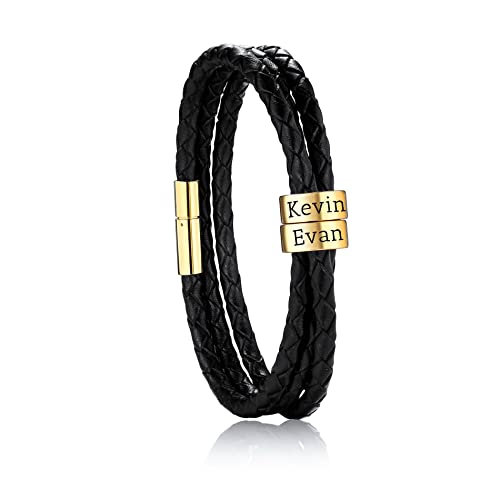 OTXIXTO Personalisierte 2-6 Namen Armbänder Personalisierte ID für Frauen Männer Echtes Leder Edelstahl Perlen Geflochtene Manschette Brautjungfer Geschenke Bester Freund(Gold 2 Perlen) von OTXIXTO