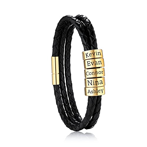 OTXIXTO Personalisierte 2-6 Namen Armbänder Personalisierte ID für Frauen Männer Echtes Leder Edelstahl Perlen Geflochtene Manschette Brautjungfer Geschenke Bester Freund(Gold 5 Perlen) von OTXIXTO