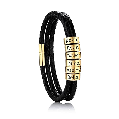 OTXIXTO Personalisierte 2-6 Namen Armbänder Personalisierte ID für Frauen Männer Echtes Leder Edelstahl Perlen Geflochtene Manschette Brautjungfer Geschenke Bester Freund(Gold 6 Perlen) von OTXIXTO