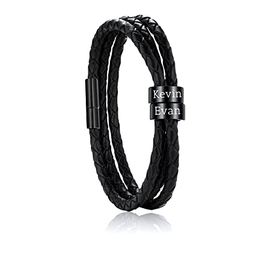 OTXIXTO Personalisierte 2-6 Namen Armbänder Personalisierte ID für Frauen Männer Echtes Leder Edelstahl Perlen Geflochtene Manschette Brautjungfer Geschenke Bester Freund(Schwarz 2 Perlen) von OTXIXTO