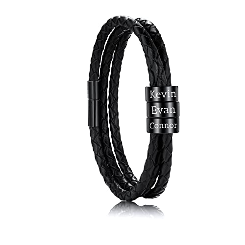 OTXIXTO Personalisierte 2-6 Namen Armbänder Personalisierte ID für Frauen Männer Echtes Leder Edelstahl Perlen Geflochtene Manschette Brautjungfer Geschenke Bester Freund(Schwarz 3 Perlen) von OTXIXTO