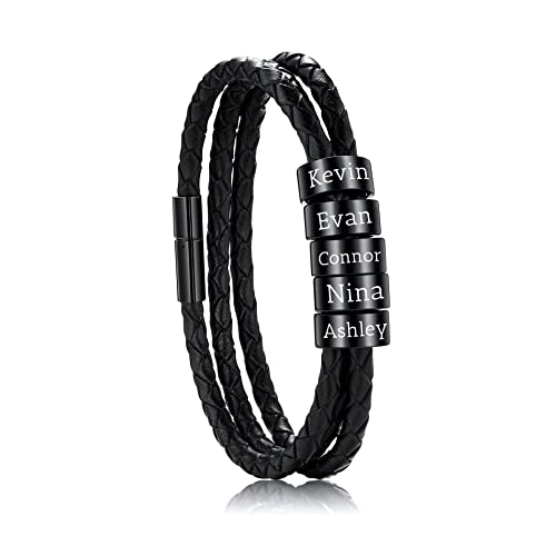 OTXIXTO Personalisierte 2-6 Namen Armbänder Personalisierte ID für Frauen Männer Echtes Leder Edelstahl Perlen Geflochtene Manschette Brautjungfer Geschenke Bester Freund(Schwarz 5 Perlen) von OTXIXTO