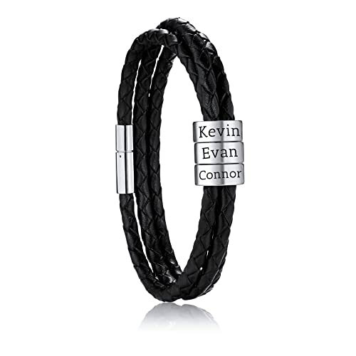 OTXIXTO Personalisierte 2-6 Namen Armbänder Personalisierte ID für Frauen Männer Echtes Leder Edelstahl Perlen Geflochtene Manschette Brautjungfer Geschenke Bester Freund(Silber 3 Perlen) von OTXIXTO