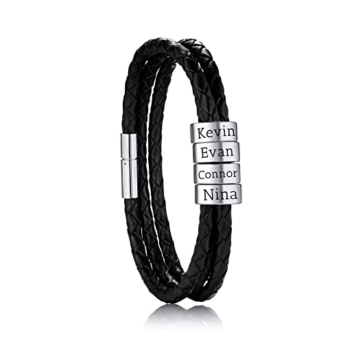 OTXIXTO Personalisierte 2-6 Namen Armbänder Personalisierte ID für Frauen Männer Echtes Leder Edelstahl Perlen Geflochtene Manschette Brautjungfer Geschenke Bester Freund(Silber 4 Perlen) von OTXIXTO