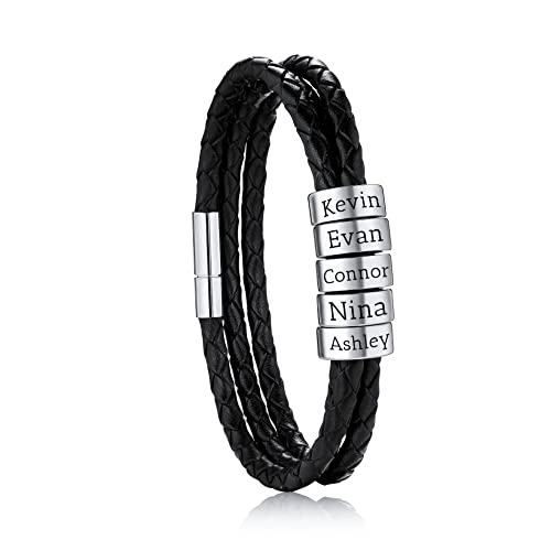 OTXIXTO Personalisierte 2-6 Namen Armbänder Personalisierte ID für Frauen Männer Echtes Leder Edelstahl Perlen Geflochtene Manschette Brautjungfer Geschenke Bester Freund(Silber 5 Perlen) von OTXIXTO