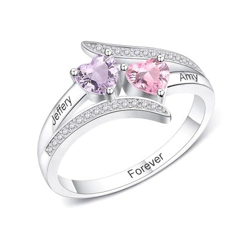 OTXIXTO Personalisierte 2 Herz-Geburtssteinringe mit Gravur 2 Namen Individuelle Verlobungs-Namensringe für Frauen Ring aus 925er Sterlingsilber für Frauen Freundin Ehefrau Mutter Geschenke (Größe 52) von OTXIXTO