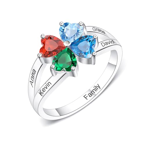 OTXIXTO Personalisierte 4 Herz-Geburtssteinringe mit Gravur 4 Namen Individuelle Verlobungs-Namensringe für Frauen Ring aus 925er Sterlingsilber für Frauen Freundin Ehefrau Mutter Geschenke (Größe 49) von OTXIXTO