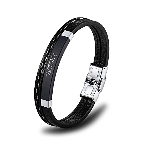 OTXIXTO Personalisierte Armbänder für Männer Jungen Frauen, Benutzerdefinierte Identifikation Armreif Gravur Name Datum Echtes Leder, Edelstahl-Etikett Geflochten Schmuck Vatergeschenke (Typ2 schwarz) von OTXIXTO