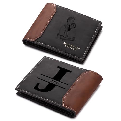 OTXIXTO Personalisierte Bild Bifold Leder Brieftasche für Männer Personalisierte Gravur Foto/Initial/Name/Text Herren Geldbörsen für Papa Ehemann Sohn Trauzeugen Freund Geschenk (Stil B: Grauschwarz) von OTXIXTO