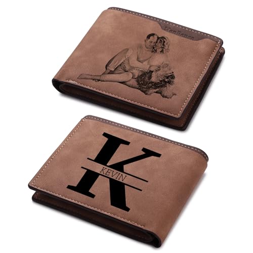 OTXIXTO Personalisierte Bild Bifold Leder Brieftasche für Männer Personalisierte Gravur Foto/Initial/Name Herren Geldbörsen für Papa Ehemann Sohn Trauzeugen Freund Geschenke (Stil A: Hellbraun) von OTXIXTO