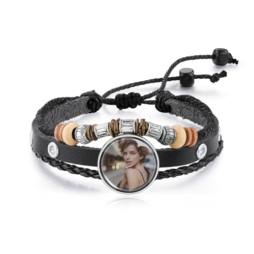 OTXIXTO Personalisiertes Foto Armband für Frauen - Verstellbares Wickelarmband aus Leder Mit Bild Innen - Gedenkstätte Armband (A2: Schwarz) von OTXIXTO