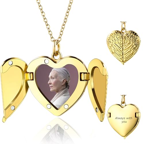 OTXIXTO Personalisierte Foto Gold Herz Engel Flügel Medaillon Halskette für Frauen Damen Medaillon Gedenkhalskette mit Bild Innen/Text Denkmal Sonnenschein Schmuckgeschenk für Frauen Mutter (Stil C) von OTXIXTO