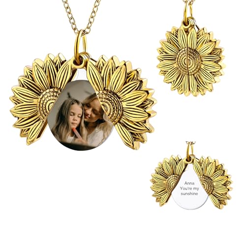 OTXIXTO Personalisierte Foto Gold Sonnenblumen Medaillon Halskette für Frauen Damen Medaillon Gedenkhalskette mit Bild/Text Innen Denkmal Sonnenschein Schmuck Geschenk für Freundin Mutter (Stil A) von OTXIXTO