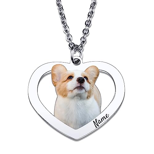 OTXIXTO Personalisierte Foto-Halskette Benutzerdefinierte Katze Hund Haustier Porträt Bild und Name Anhänger Halskette Haustier Gedenkgeschenk für Haustier-Liebhaber (1 Name, Herzrahmen) von OTXIXTO