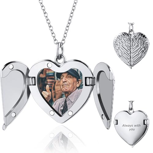 OTXIXTO Personalisierte Foto Silber Herz Engel Flügel Medaillon Halskette für Frauen Damen Medaillon Gedenkhalskette mit Bild Innen/Text Denkmal Sonnenschein Schmuckgeschenk für Frauen Mutter (Stil C) von OTXIXTO