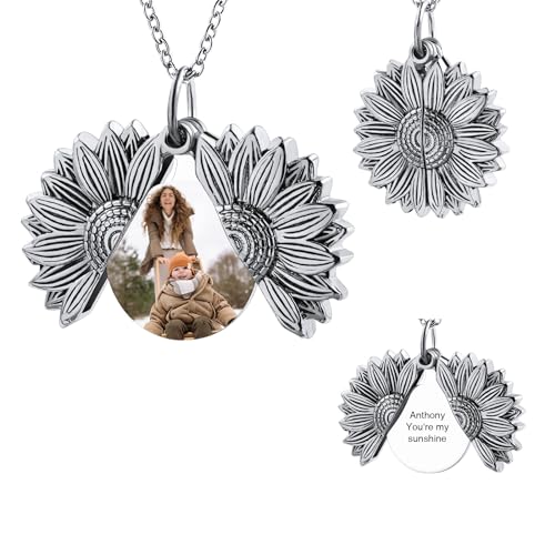 OTXIXTO Personalisierte Foto Silber Sonnenblumen Medaillon Halskette für Frauen Damen Medaillon Gedenkhalskette mit Bild/Text Innen Denkmal Sonnenschein Schmuck Geschenk für Freundin Mutter (Stil A) von OTXIXTO