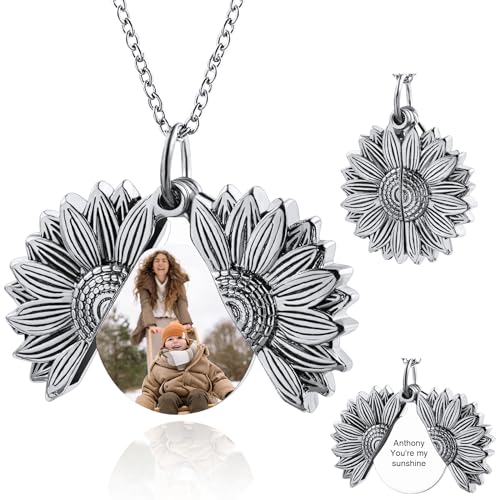 OTXIXTO Personalisierte Foto Silber Sonnenblumen Medaillon Halskette für Frauen Damen Medaillon Gedenkhalskette mit Bild/Text Innen Denkmal Sonnenschein Schmuck Geschenk für Freundin Mutter (Stil A) von OTXIXTO