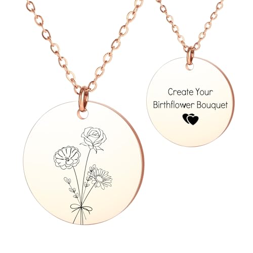 OTXIXTO Personalisierte Geburtsblumen-Halsketten für Frauen Zierliche 18K Goldkette mit Geburtssteinen Individueller 2/3/4/5 Blumenstrauß-Halskette Geschenke zum Muttertag (Roségold & 5 Blumen) von OTXIXTO