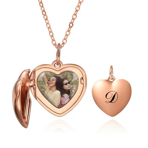 OTXIXTO Personalisierte Herz Medaillon Halskette mit Bild Innen Individuell Foto/Anfangs Herz Medaillon Anhänger Halskette 925 Silber Herz Medaillon Charm Halsketten für Freundin Mutter (A2: Roségold) von OTXIXTO