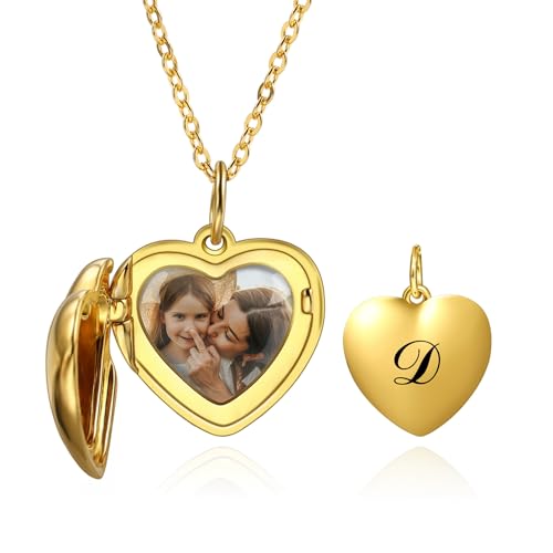 OTXIXTO Personalisierte Herz Medaillon Halskette mit Bild Innen Individuell Foto/Anfangs Herz Medaillon Anhänger Halskette 925 Silber Herz Medaillon Charm Halsketten für Freundin Mutter (A2: Gold) von OTXIXTO