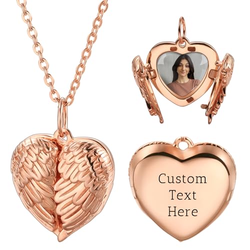 OTXIXTO Personalisierte Herz Medaillon Halskette mit Bild Innen Individuell Foto/Text Herz Medaillon Anhänger Halskette mit Engelsflügel 925 Silber Herz Medaillon Charm Halsketten (B: Roségold) von OTXIXTO