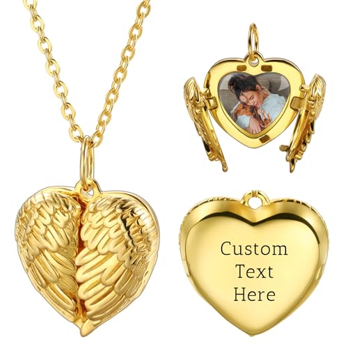 OTXIXTO Personalisierte Herz Medaillon Halskette mit Bild Innen Individuell Foto/Text Herz Medaillon Anhänger Halskette mit Engelsflügel 925 Silber Herz Medaillon Charm Halsketten für Damen (B: Gold) von OTXIXTO