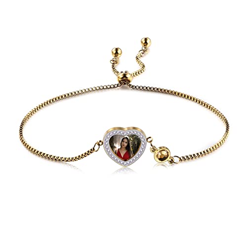OTXIXTO Personalisierte Herzförmige Foto-Armbänder mit 1–2 Geburtssteinen, Eingraviertem Text, Verstellbare Box-Kette, Edelstahl-Armbänder für Frauen, Mädchen, Mutter, Geschenk (1&Gold) von OTXIXTO