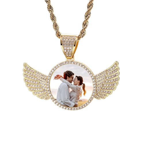 OTXIXTO Personalisierte Hip-Hop-Halskette für Männer Frauen Individuelle Gedenkkette mit Bild Innen/Text Personalisierte Halskette mit Fotoanhänger (Runde Gold Engelsflügel-Anhänger, 28-Zoll-Kette) von OTXIXTO