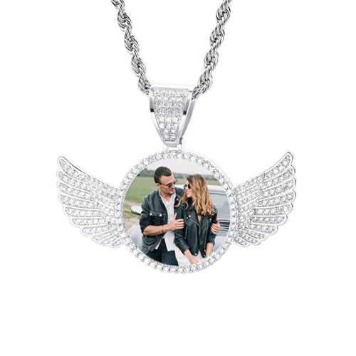 OTXIXTO Personalisierte Hip-Hop-Halskette für Männer Frauen Individuelle Engelsflügel-Anhänger Personalisierte Gedenkkette mit Bild Innen/Text Geschenke für Papa und Freund (A1, 24'') von OTXIXTO