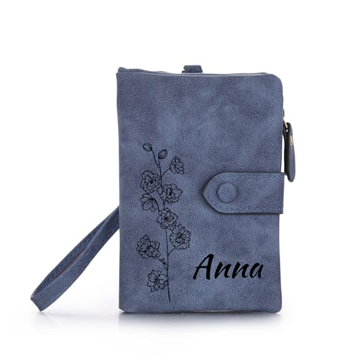 OTXIXTO Personalisierte Ledergeldbörsen für Damen Graviert Name Geburtsblume Ledergeldbörse mit Reißverschluss Münzgeldbörse mit Handschlaufe Damengeldbörse für Freundin Ehefrau Muttertag - Blau von OTXIXTO