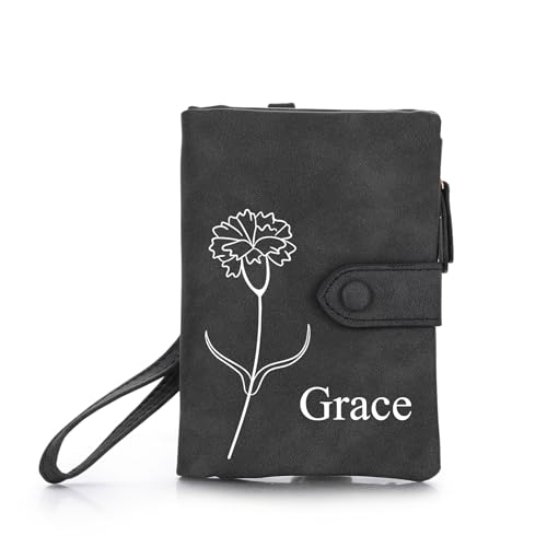 OTXIXTO Personalisierte Ledergeldbörsen für Damen Graviert Name Geburtsblume Ledergeldbörse mit Reißverschluss Münzgeldbörse mit Handschlaufe Damengeldbörse für Freundin Ehefrau Muttertag - Schwarz von OTXIXTO