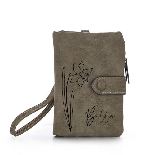 OTXIXTO Personalisierte Ledergeldbörsen für Damen Graviert Name Geburtsblume Ledergeldbörse mit Reißverschluss Münzgeldbörse mit Handschlaufe Damengeldbörse für Freundin Ehefrau Muttertag - Grün von OTXIXTO