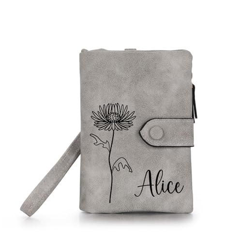 OTXIXTO Personalisierte Ledergeldbörsen für Damen Graviert Name Geburtsblume Ledergeldbörse mit Reißverschluss Münzgeldbörse mit Handschlaufe Damengeldbörse für Freundin Ehefrau Muttertag - Grau von OTXIXTO